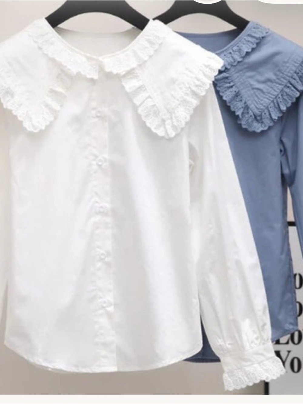 Light Blue Lace Collar Button-Up Blouse